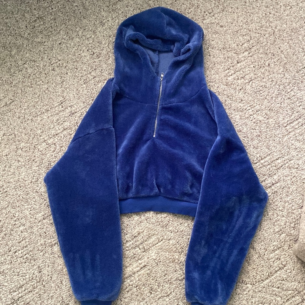 BDG Urban Outfitters Cropped Fuzzy Blue Pullover - Quarter Zip, Size XS